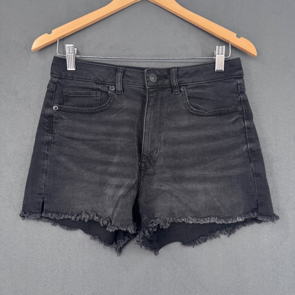 American Eagle Mom Shorts Womens 6 Black Denim High Waisted Raw Hem Grunge Edgy